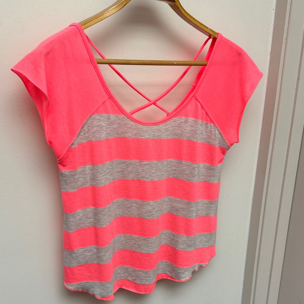 Billabong Neon Pink and Gray Striped Tee Large